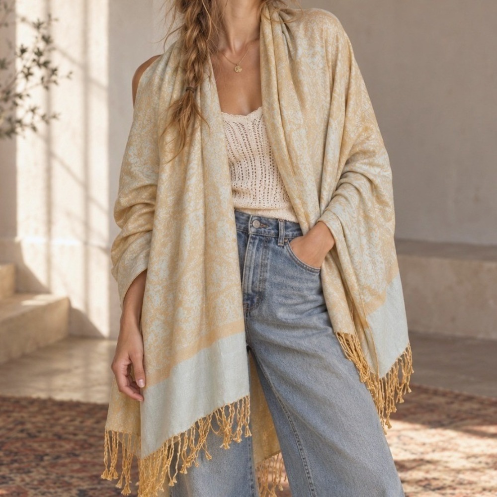 Pashmina Scarf Silk Blend Paisley Jacquard Fringe Shawl Wrap Yellow Gold Boho